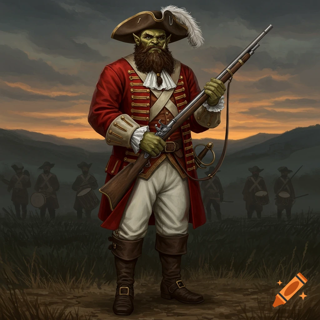 A bearded orc in a red 17th-century military uniform stands holding a musket, with other soldiers in the hazy background.