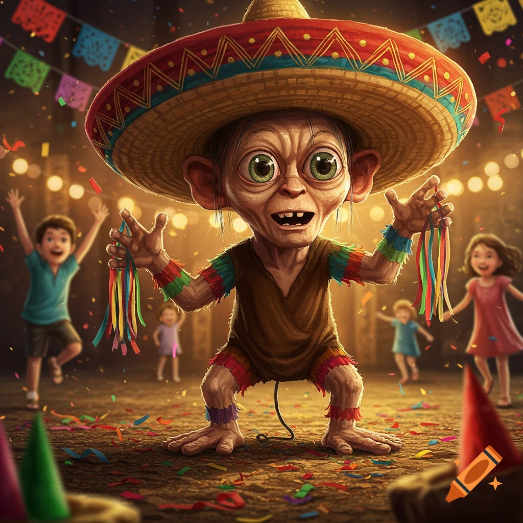 Gollum wearing a colorful sombrero and festive armbands, holding streamers at a lively party with confetti and children in the background, under warm string lights.