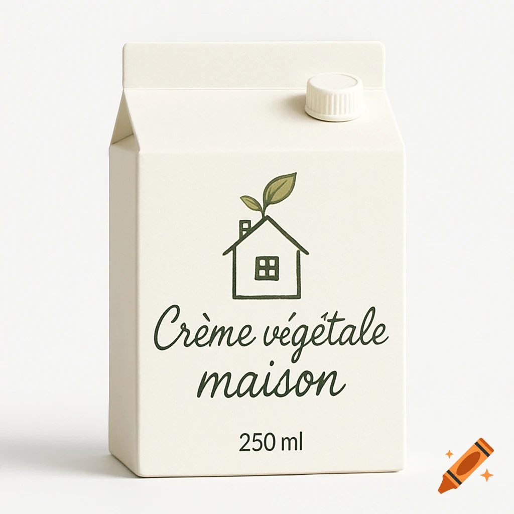 A beige carton of plant-based cream with a house and leaf logo, "Cr liveme v liveg livetale maison", and "250 ml" on a white background.