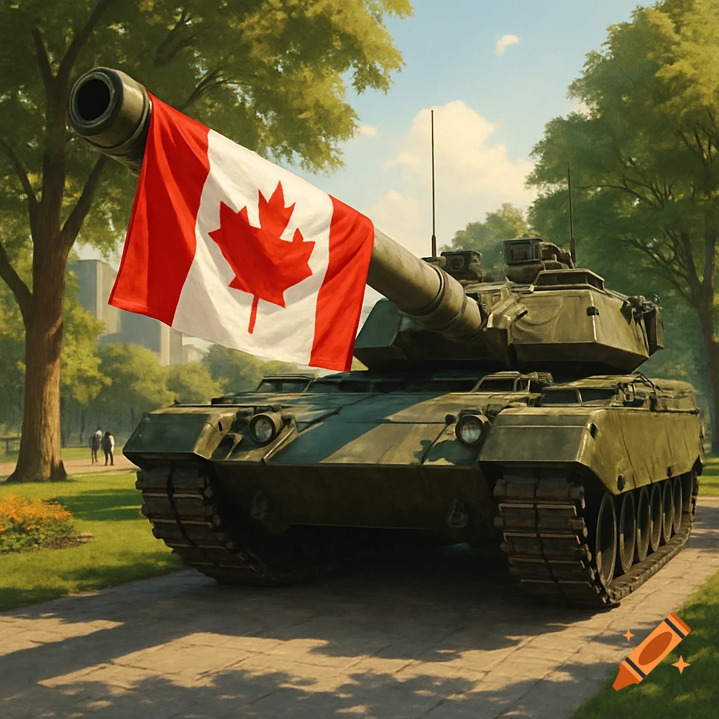 A military tank with a Canadian flag draped on its barrel, parked on a paved path in a sunny park with trees.