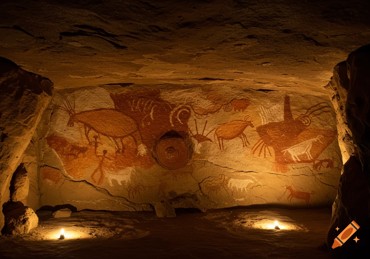 Ancient cave paintings depicting animals and stick figures on a rock wall, dimly lit by small ground fires.