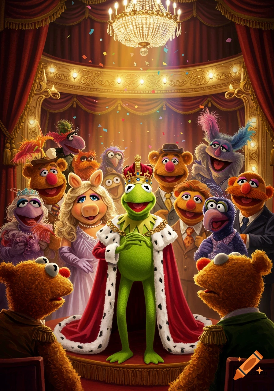 Kermit the Frog, crowned king in a royal robe, stands on a stage surrounded by other Muppets as confetti falls.