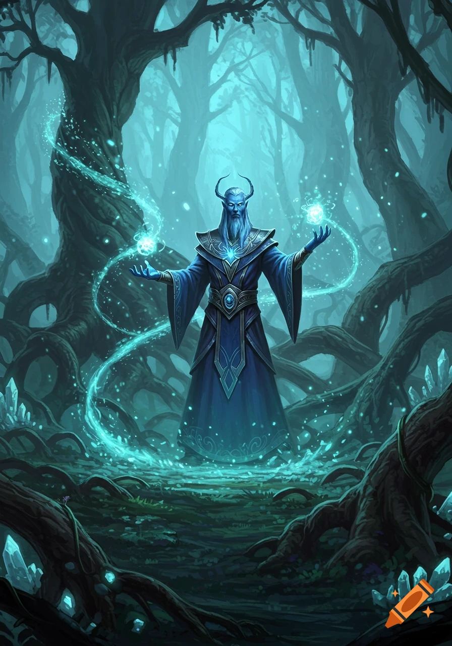 A blue-skinned horned mage in blue robes casts glowing magic in an ethereal blue fantasy forest with gnarled trees and crystals.