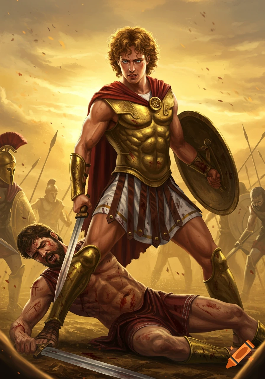 A young Greek warrior in golden armor stands triumphantly with a sword over a defeated, bleeding foe on a battlefield, digital illustration.