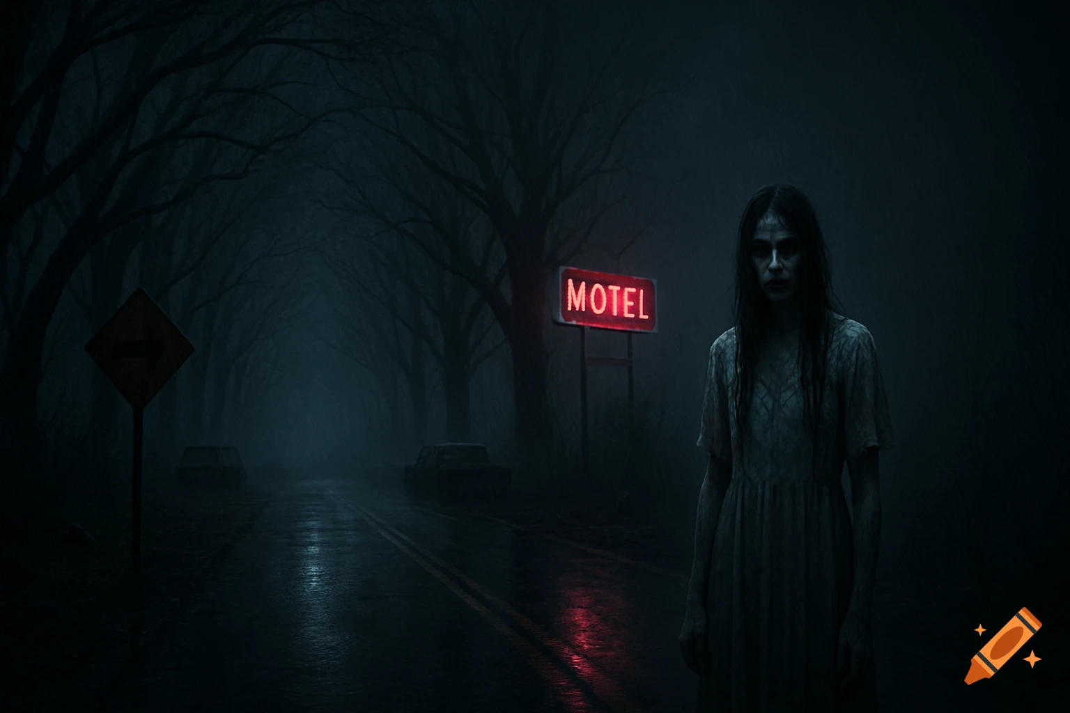 Photorealistic night scene of a ghostly woman on a dark, foggy road with bare trees, abandoned cars, and a red neon MOTEL sign.