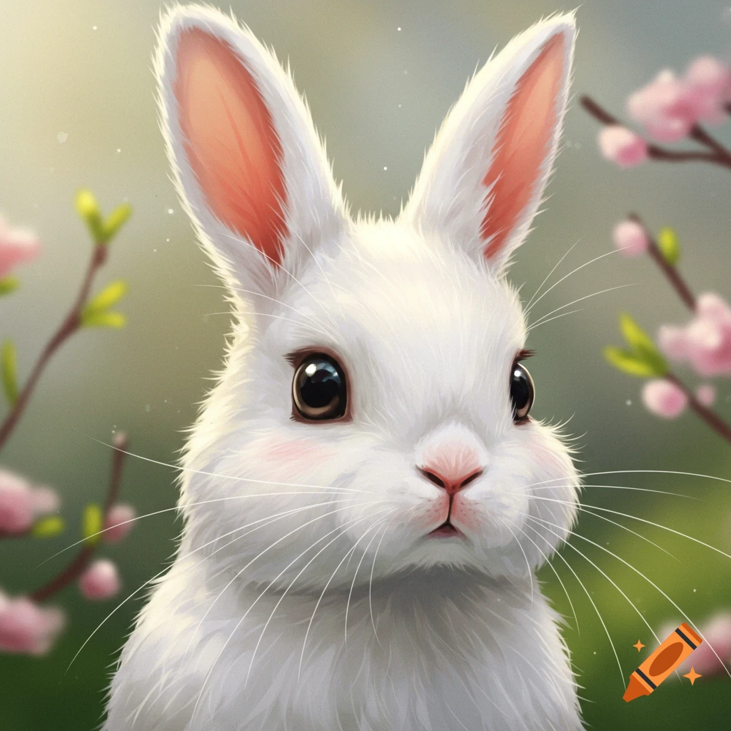 A close-up digital illustration of a fluffy white rabbit with big dark eyes and pink ears amidst pink cherry blossoms.