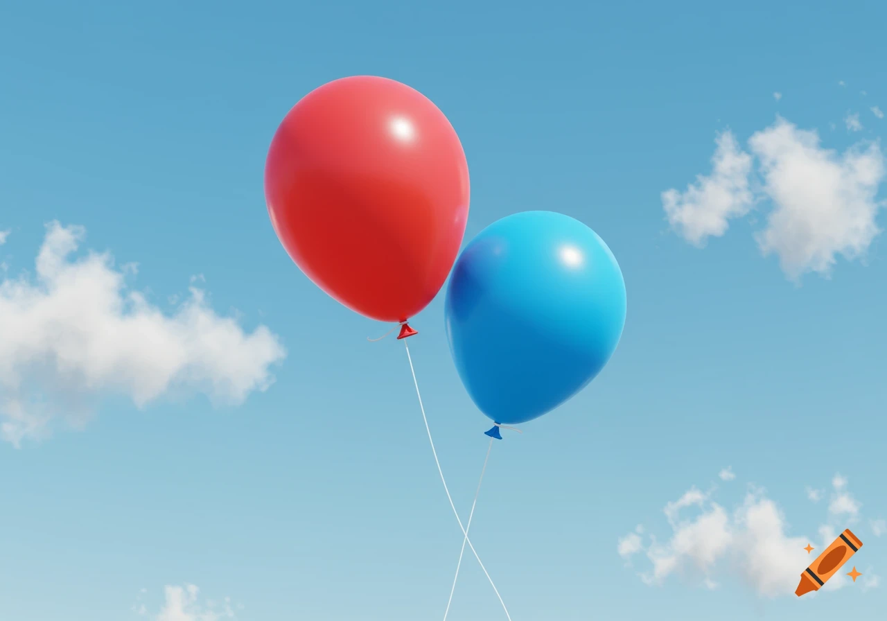 A bright red balloon and a blue balloon float side-by-side in a clear blue sky with fluffy white clouds, strings hanging down.