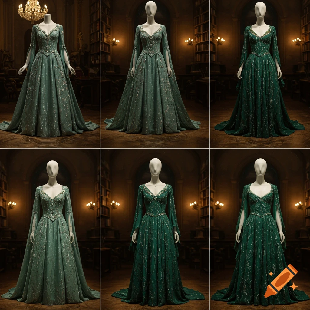 Six identical mannequins display elaborate green fantasy dresses with intricate silver embroidery in a dim, richly paneled library.