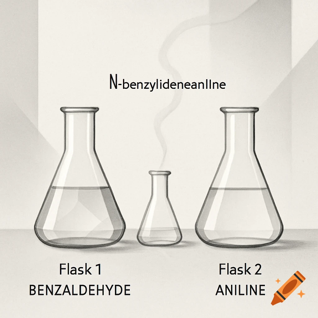 Three scientific flasks are depicted: a large flask labeled "Flask 1 BENZALDEHYDE", a smaller flask emitting steam labeled "N-benzylideneanIIne", and another large flask labeled "Flask 2 ANILINE". The style is strict and minimalist, in muted tones.