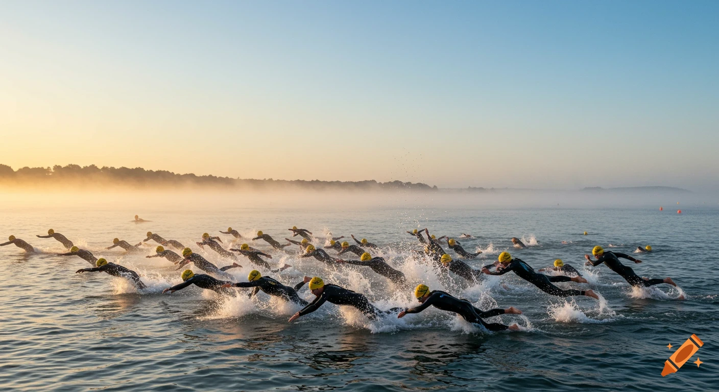 Dozens of triathletes in black wetsuits and yellow caps dive into misty open water at sunrise, creating big splashes.