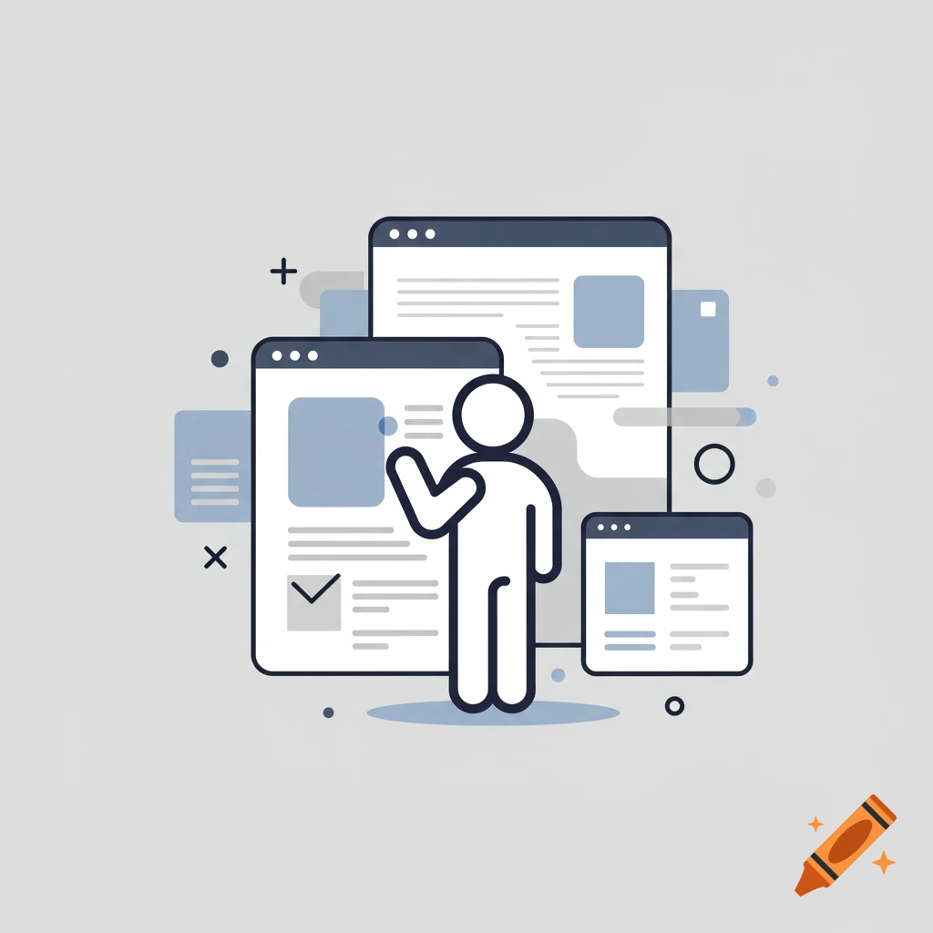 Stylized icon of a person interacting with multiple web browser windows on a grey background.