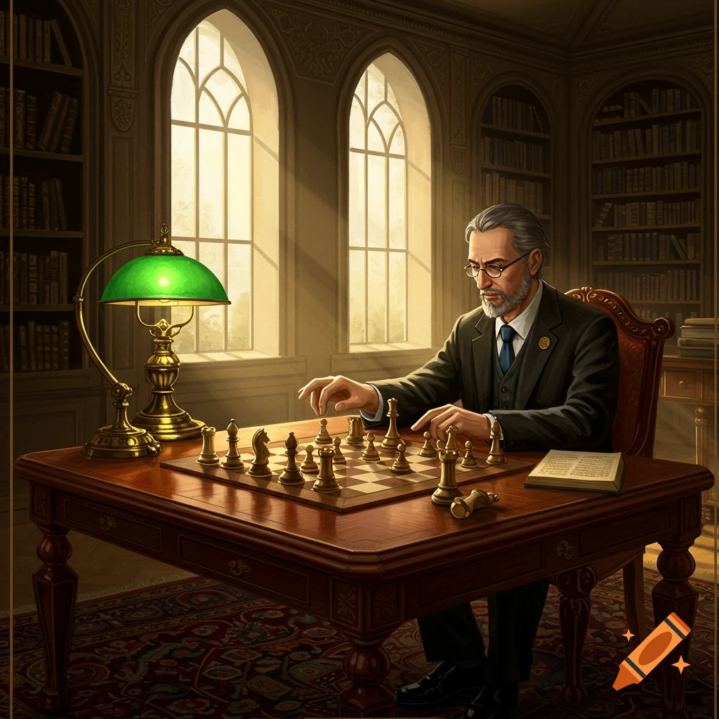 A distinguished man with a beard and glasses plays chess at a wooden table in a grand library with large windows.