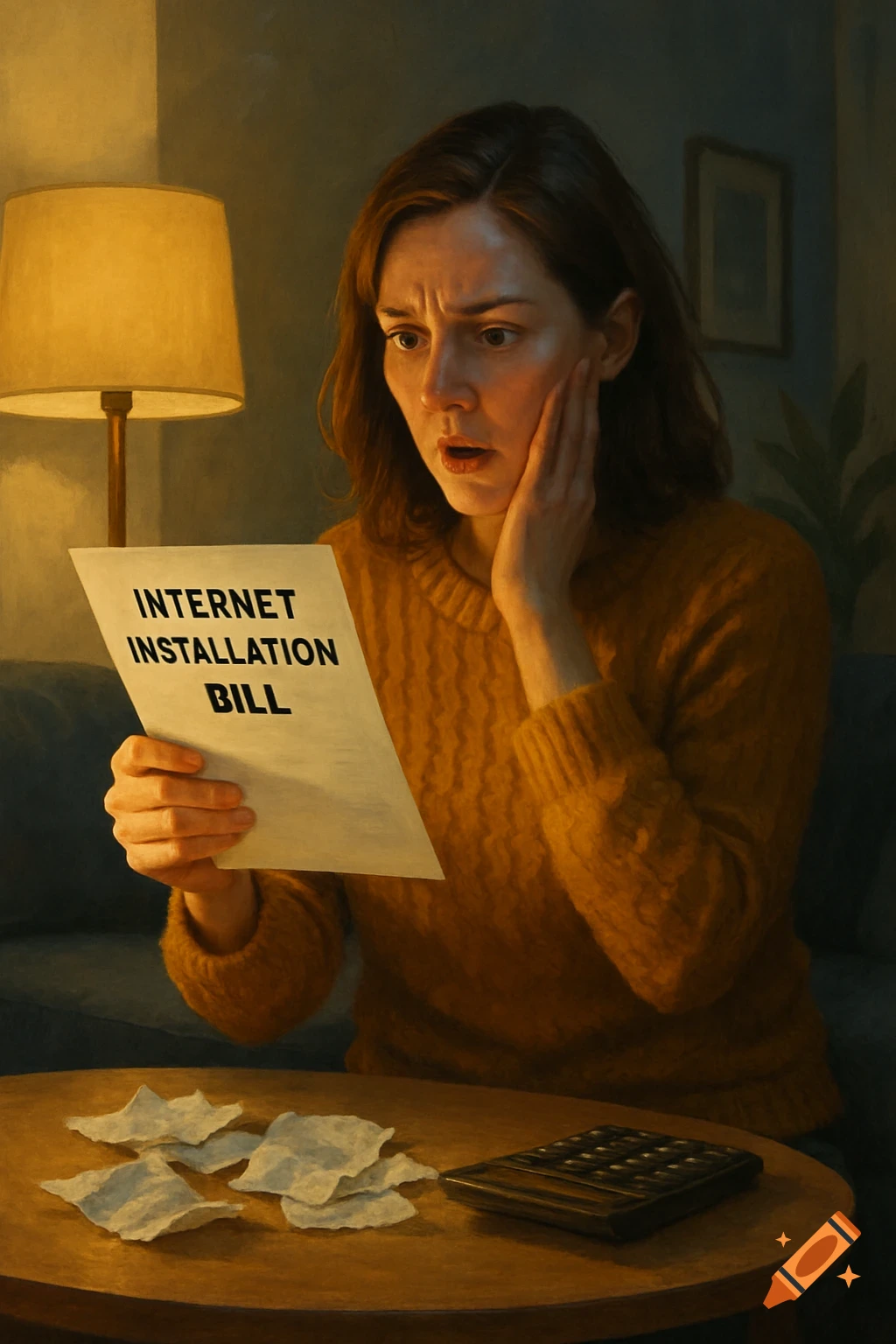 A woman with a shocked expression holds an 'Internet Installation Bill' in a dimly lit room, with crumpled papers and a calculator on a table.