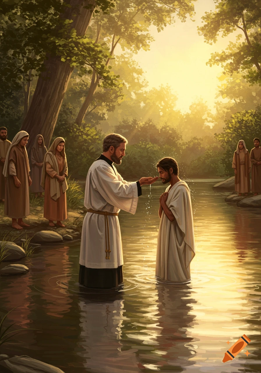 An illustrative scene of a religious figure in white robes baptizing a man in a sunlit river, with other robed figures observing from the banks.