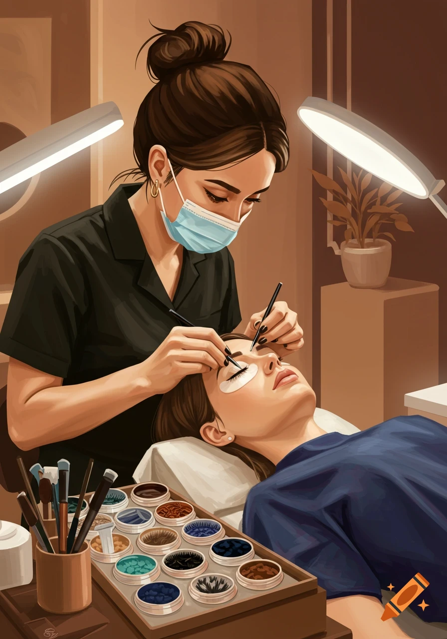 An illustration of a woman in a face mask applying eyelash extensions to a client lying on a bed, surrounded by tools.
