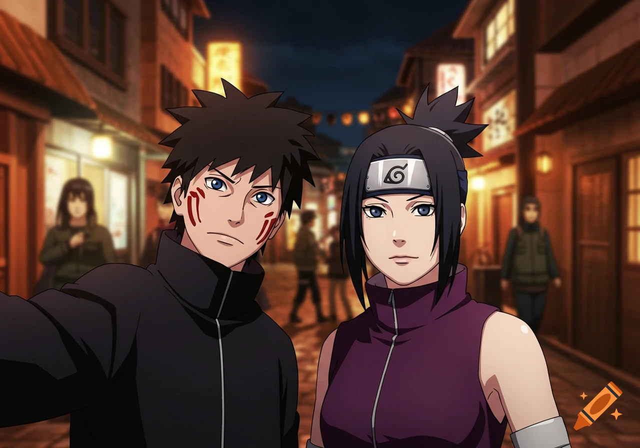 An anime-style selfie of two characters, a spiky-haired male with red facial marks and a dark-haired female with a Konoha headband, in a bustling night street.