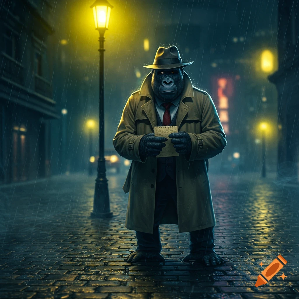 A photorealistic gorilla detective in a trench coat and fedora stands in a rainy, dark city street under a street lamp, holding a notepad.