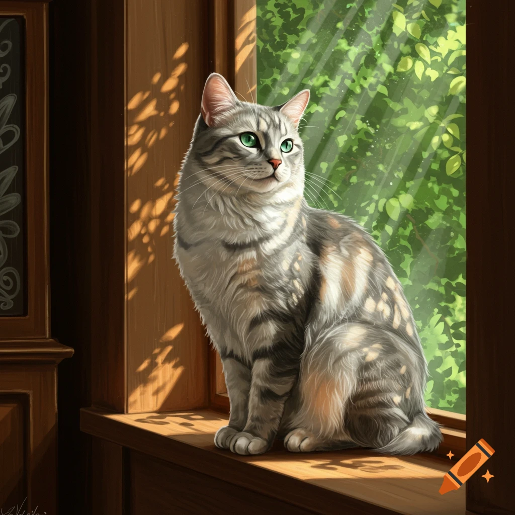 A gray and white tabby cat with green eyes sits on a sunlit wooden ...