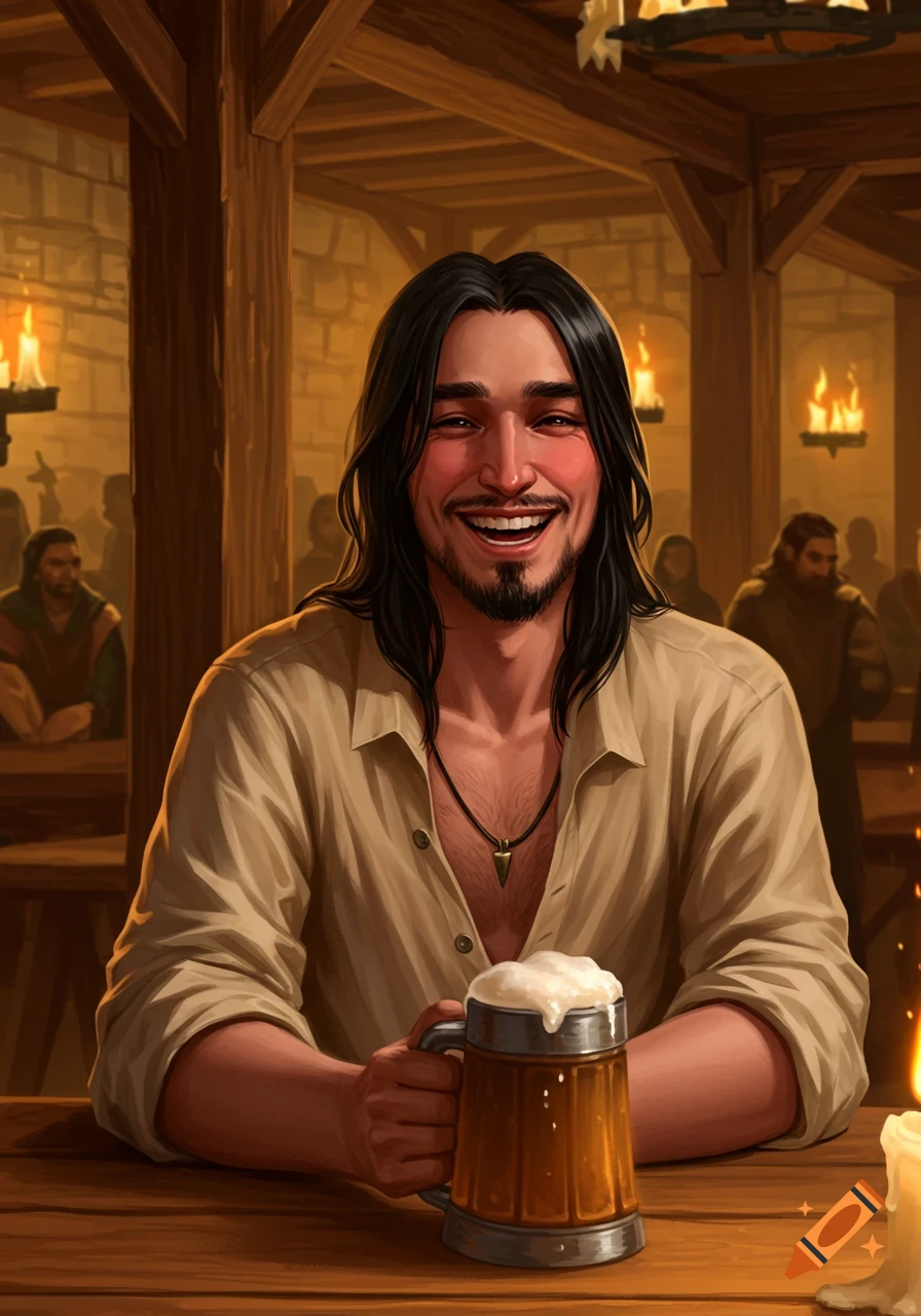 A long-haired man with a beard, wearing an unbuttoned shirt, happily smiles while holding a beer in a dimly lit fantasy tavern.