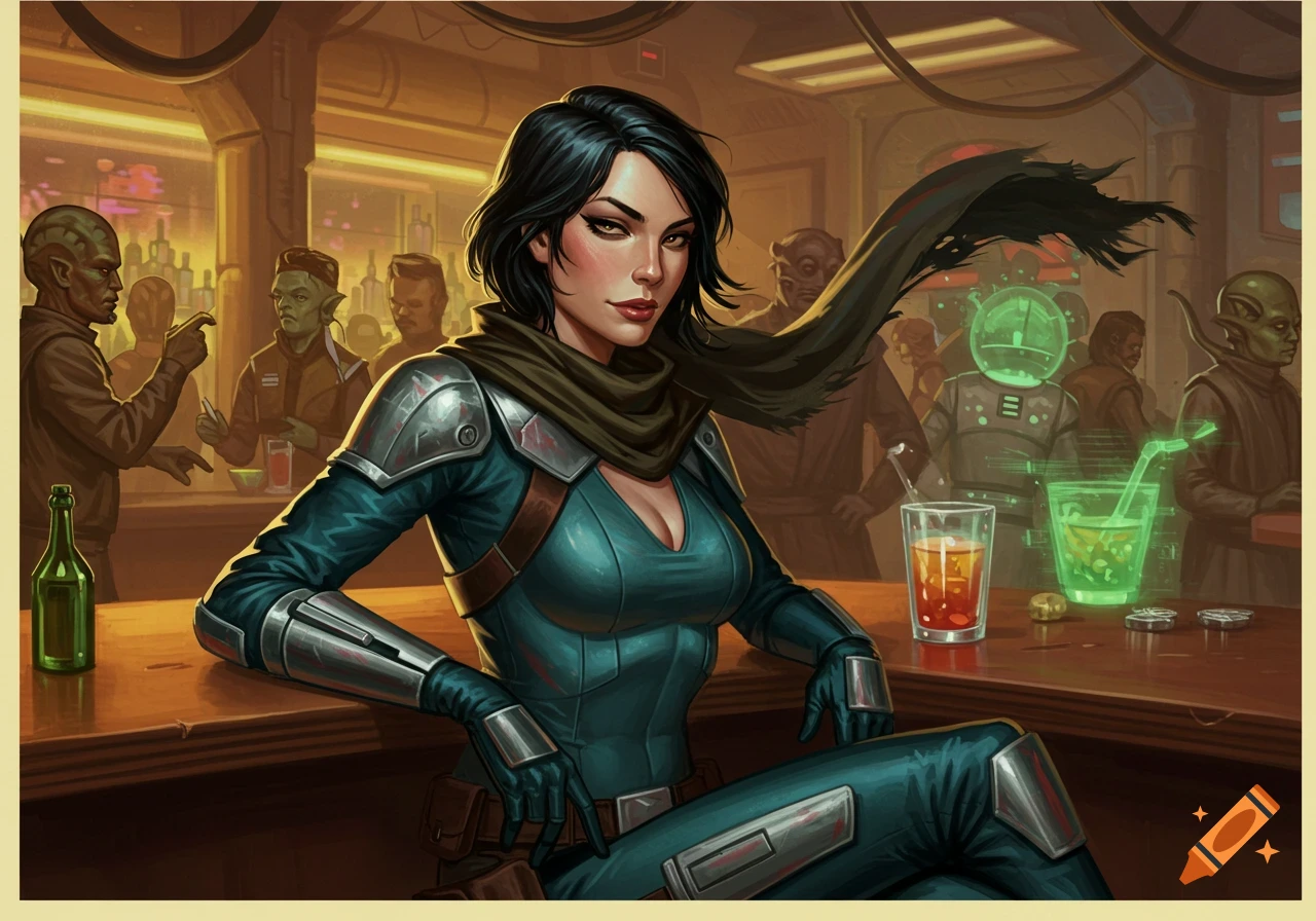 Charismatic female space outlaw in a teal armored bodysuit sits at a bar in a busy space cantina, vintage pulp sci-fi art.