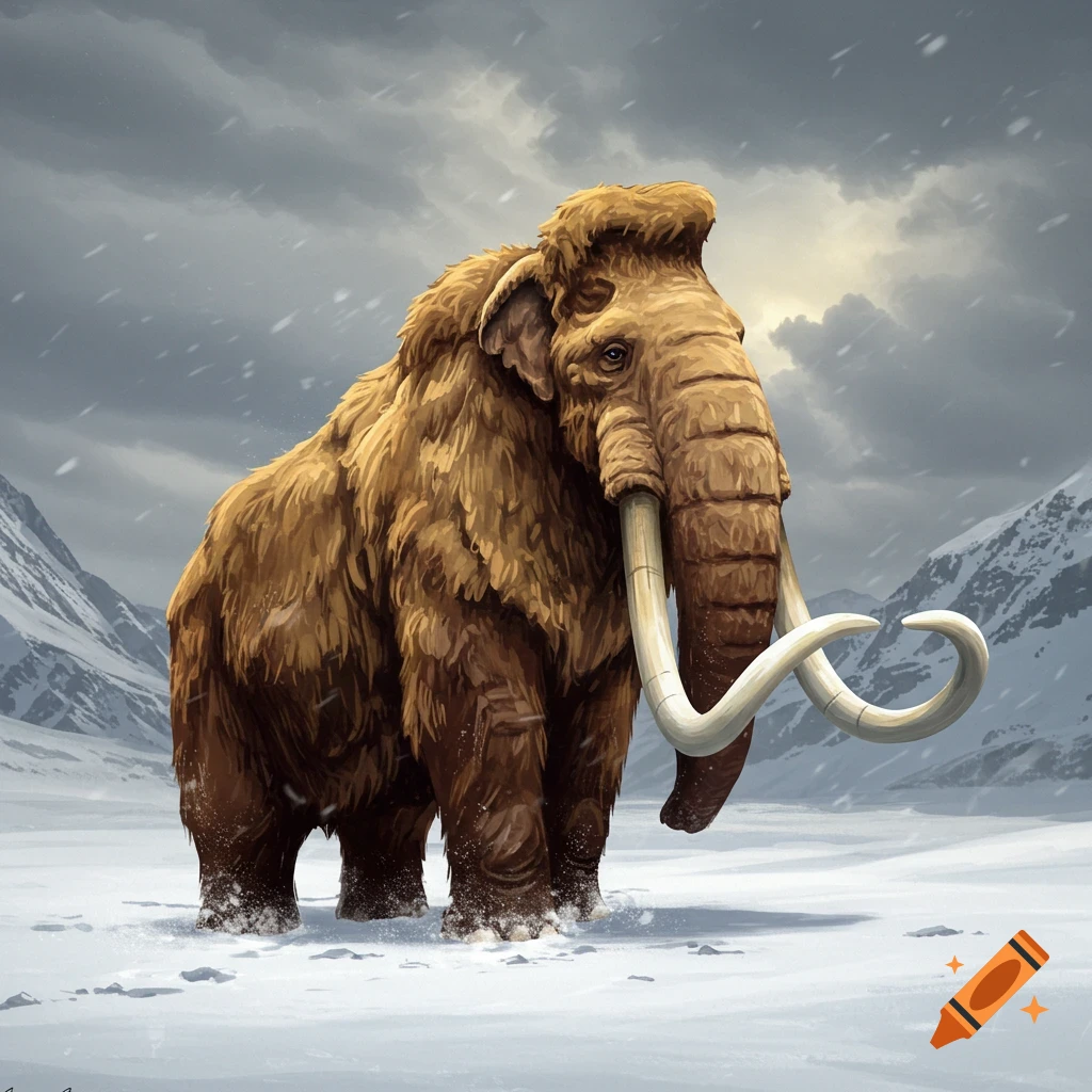 Illustration of a woolly mammoth in a snowy mountain landscape during a snowfall.