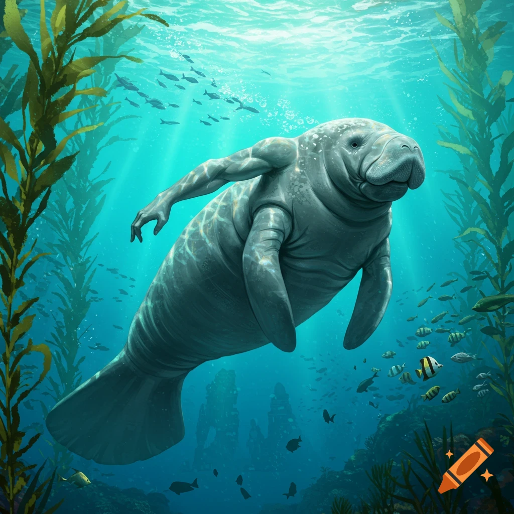 A fantasy manatee creature with human-like arms swims underwater amidst kelp forests and schools of small fish.
