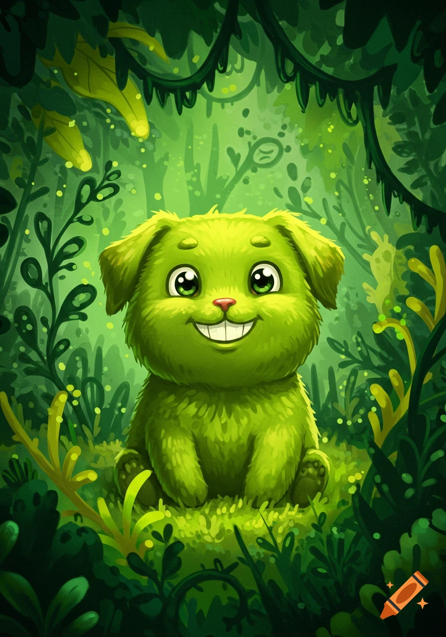 A whimsical green fluffy creature with big eyes and a wide smile sits ...