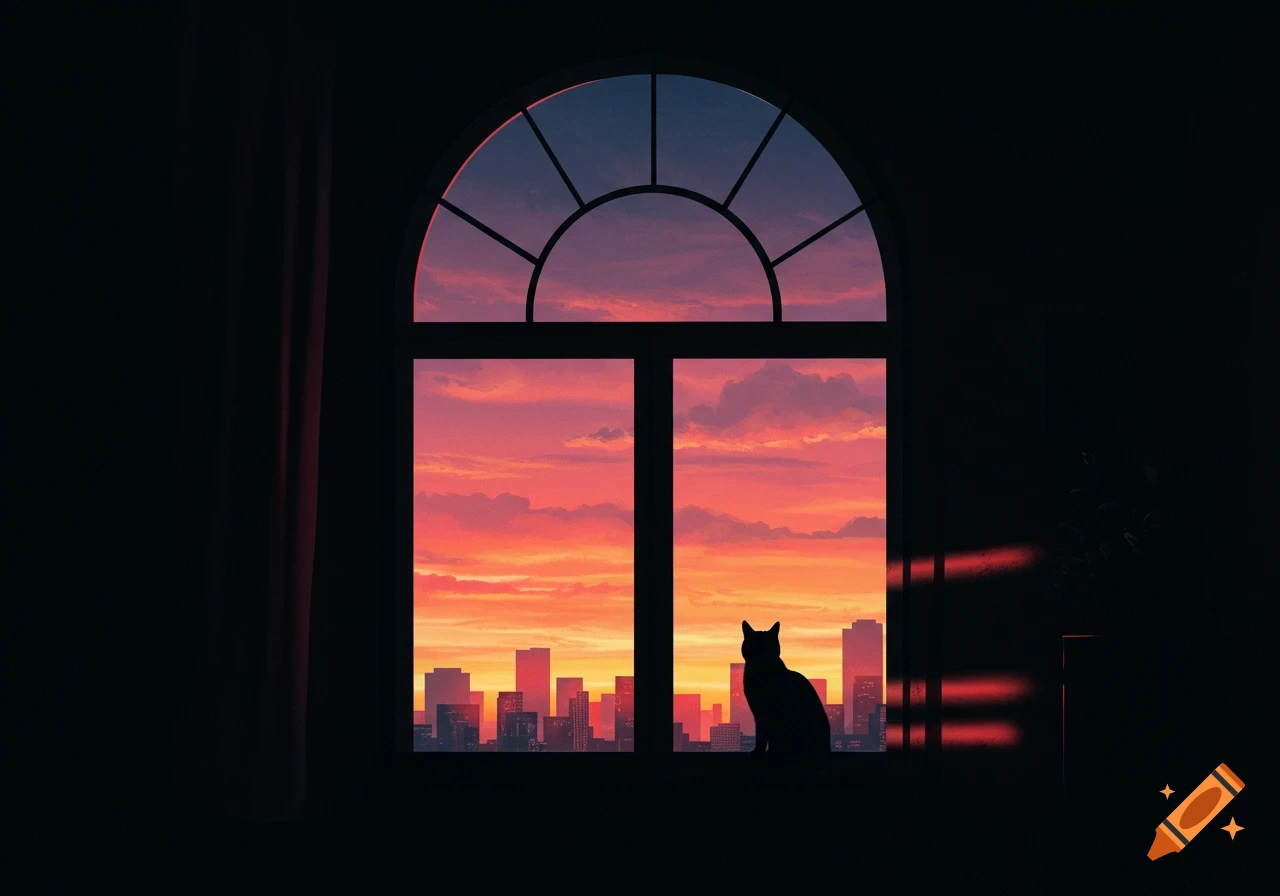 A black cat silhouette sits in an arched window, overlooking a city skyline at sunset with orange and pink clouds.