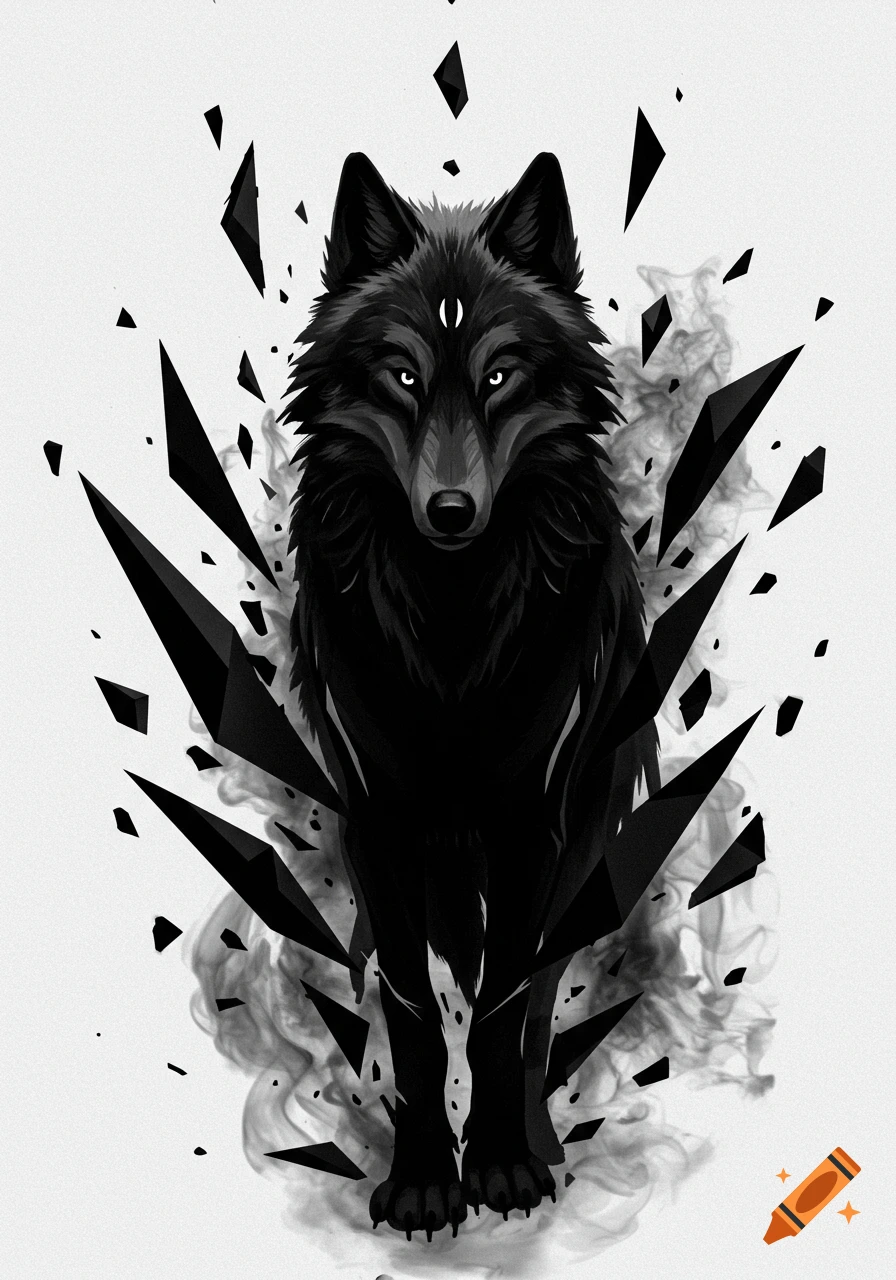A stylized black wolf with glowing eyes stands amidst shattered black geometric shapes and smoke on a white background.