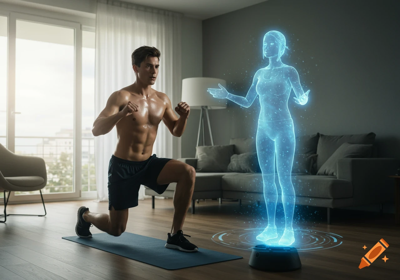 A young, shirtless man performs lunges in a bright living room, guided by a glowing blue holographic AI fitness coach.