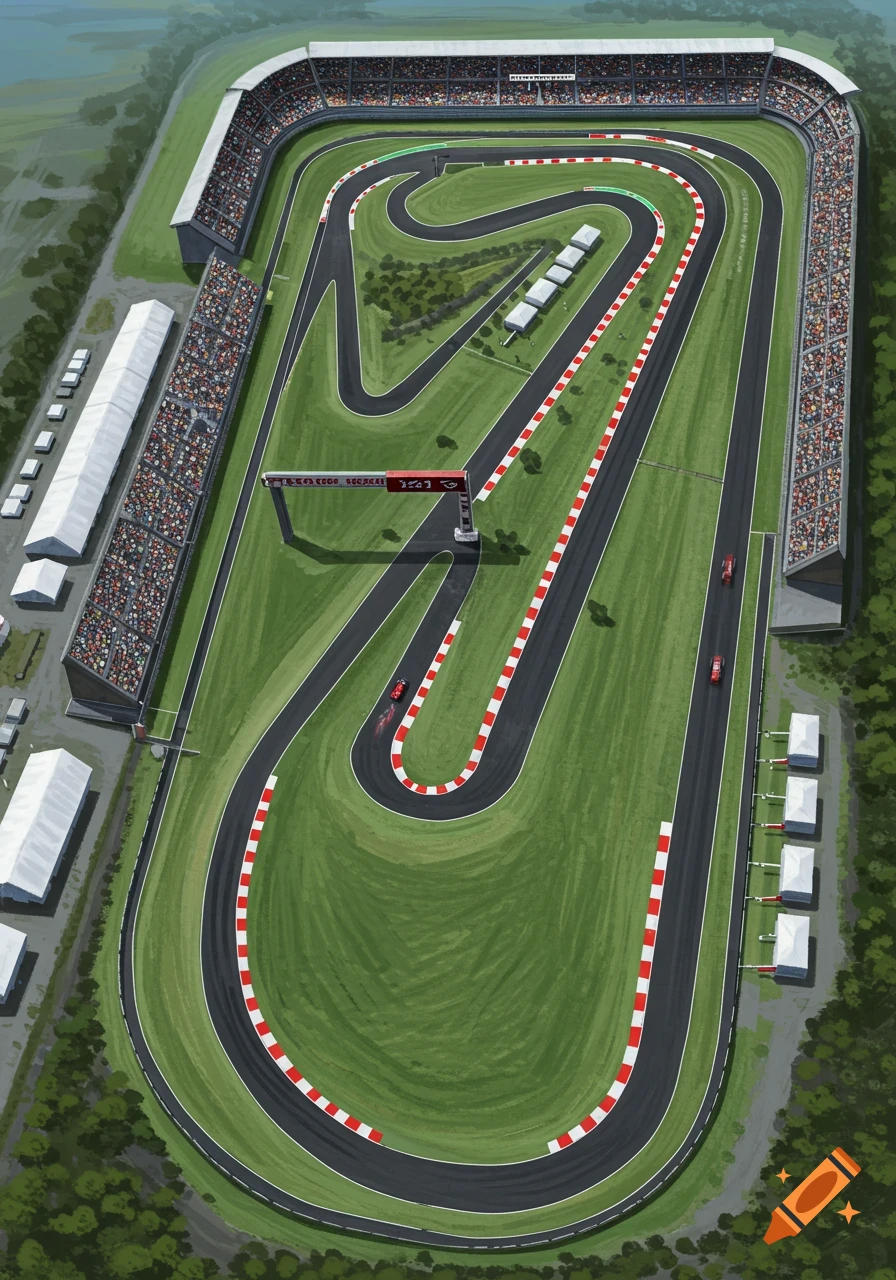 Aerial view of a vibrant race track with red race cars, grandstands, and tents, rendered in a stylized illustration.