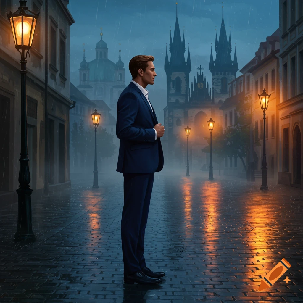A man in a blue suit stands on a wet, rainy cobblestone street at night, with illuminated ornate buildings in the background.