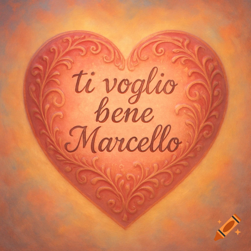 A textured, ornate heart with 'ti voglio bene Marcello' written inside, against a warm, painterly background.