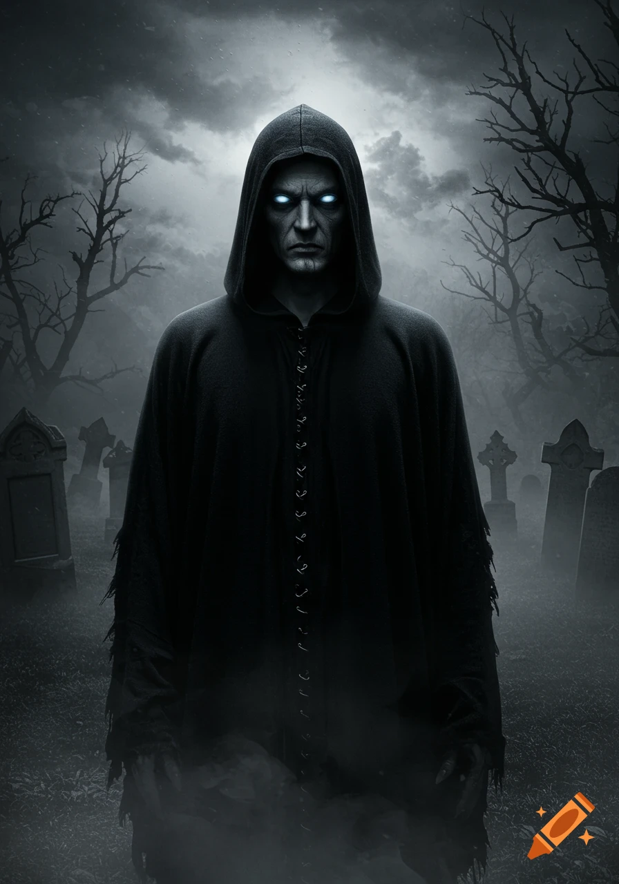 A sinister hooded figure with glowing blue eyes stands in a foggy graveyard under a cloudy sky, surrounded by bare trees and tombstones.