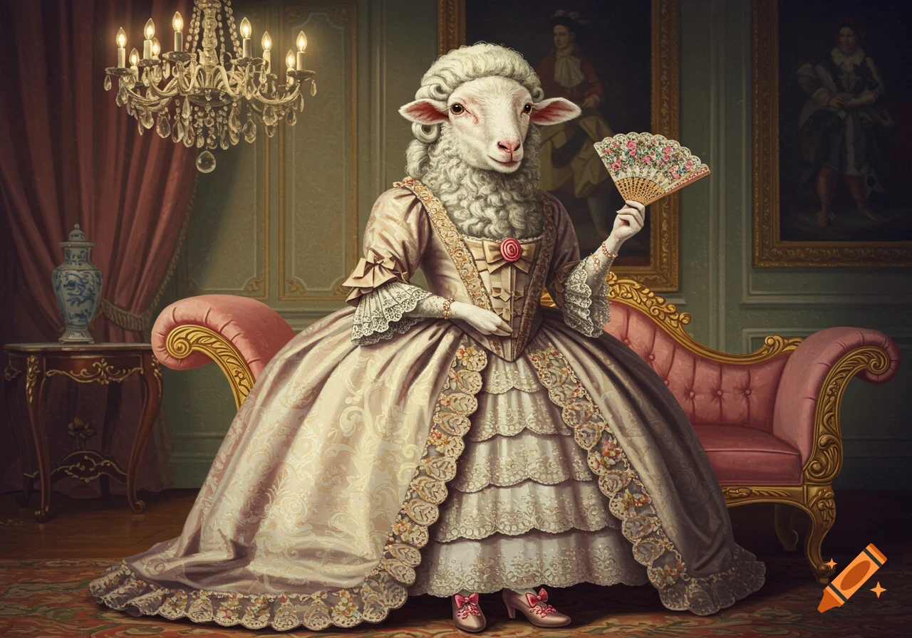 An anthropomorphic sheep in an elaborate historical gown holds a fan, standing in an ornate, chandelier-lit room.