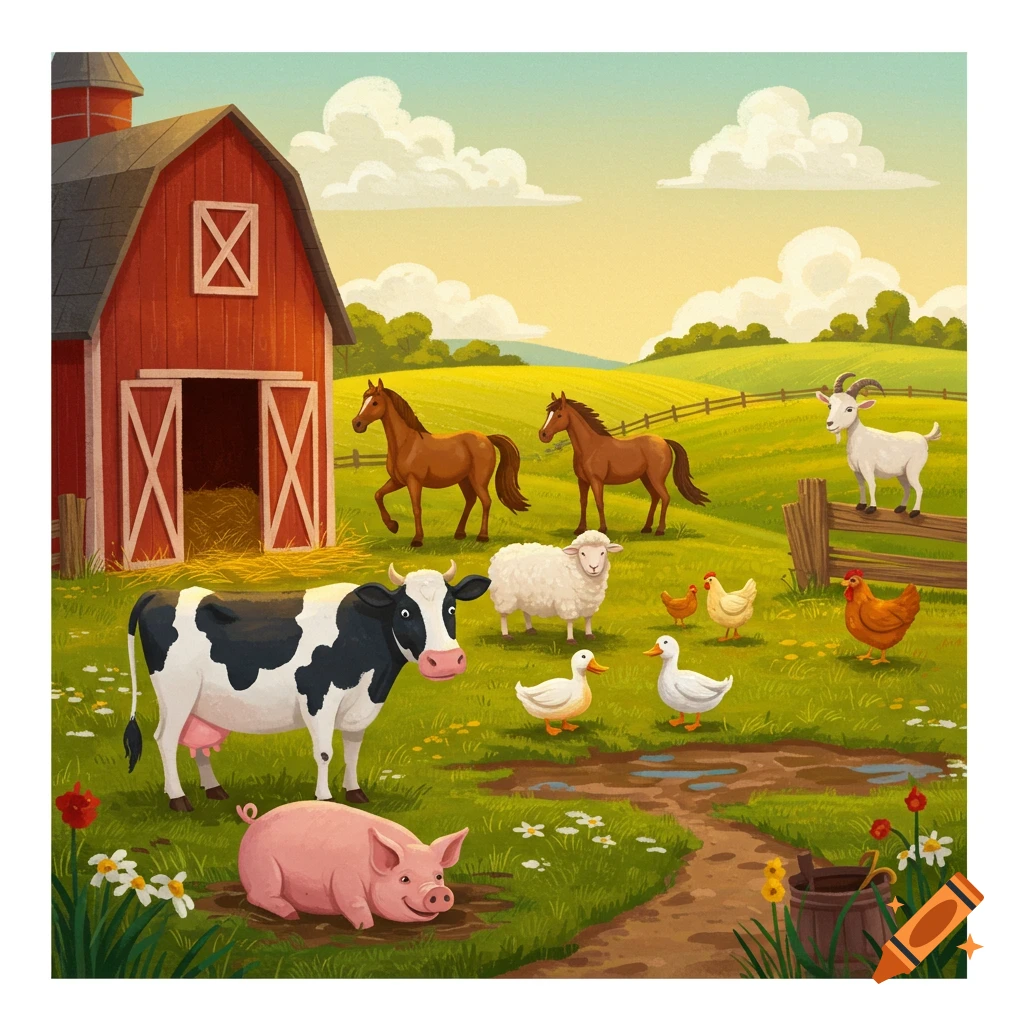 A vibrant cartoon illustration of a bustling farm with a red barn, cow, pig, sheep, two horses, a goat, chickens, and ducks in a sunny green field.
