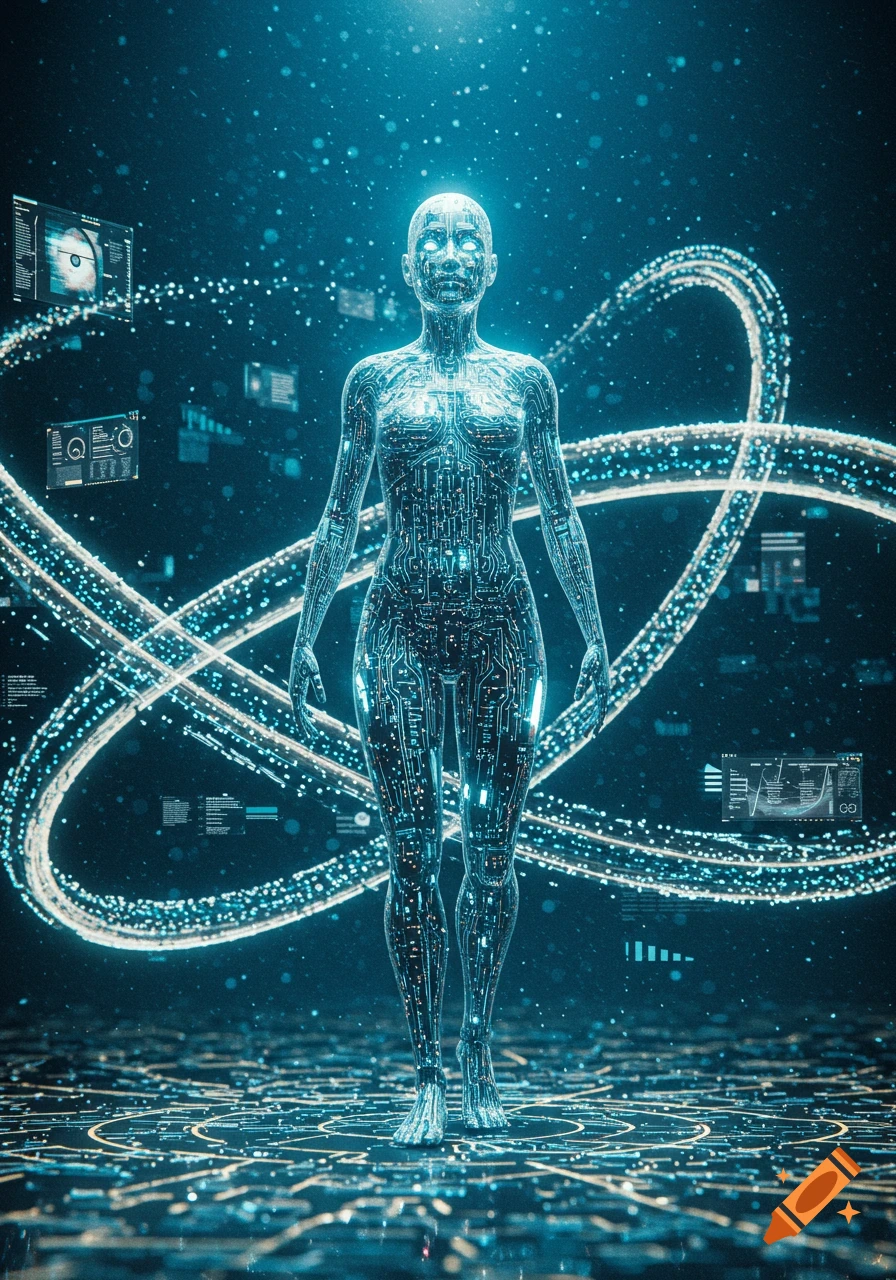 A futuristic humanoid figure made of glowing circuitry stands in a dark ...