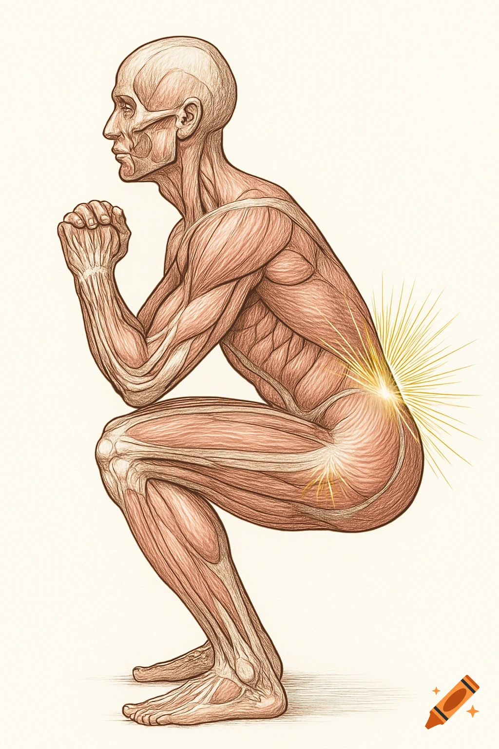 Lateral view of a human muscular system performing a squat, with glowing lines highlighting gluteal activation, in an anatomical illustration style.