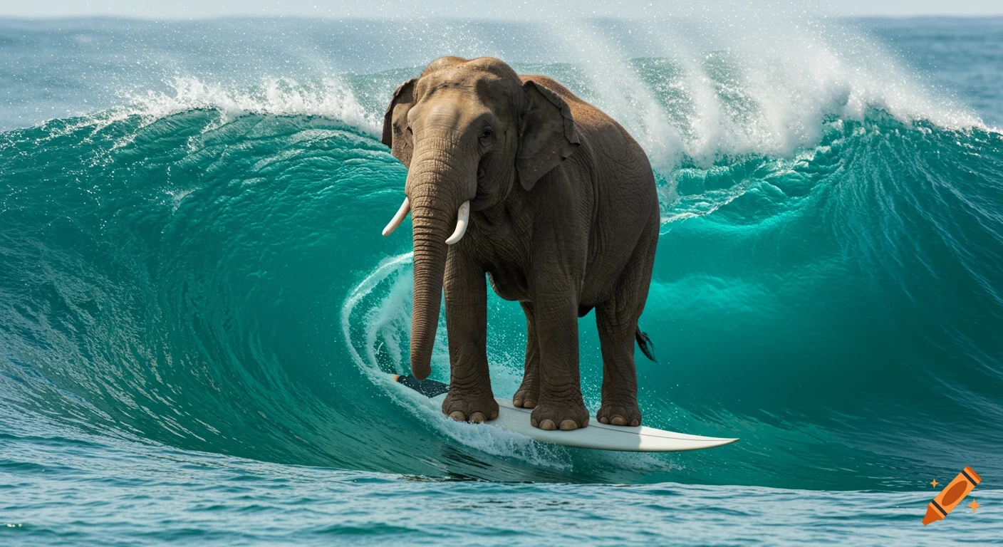A photorealistic image of a large elephant standing on a surfboard, riding a tall, powerful turquoise ocean wave.