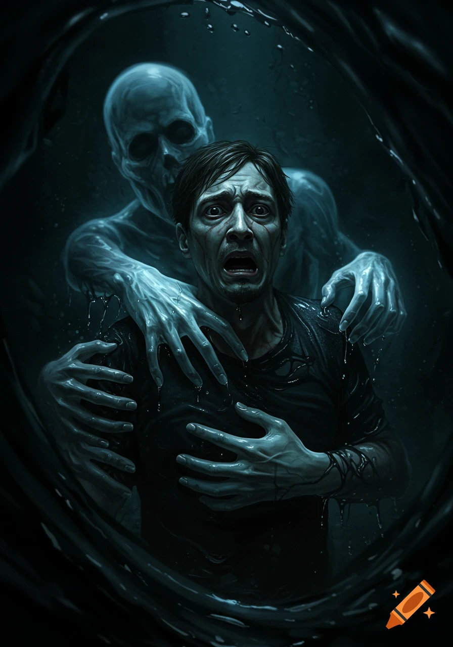 A terrified man with wide eyes and open mouth is clutched by translucent, skeletal hands of a ghostly figure in a dark, watery void. The scene is eerie and unsettling with dark blue and green tones.