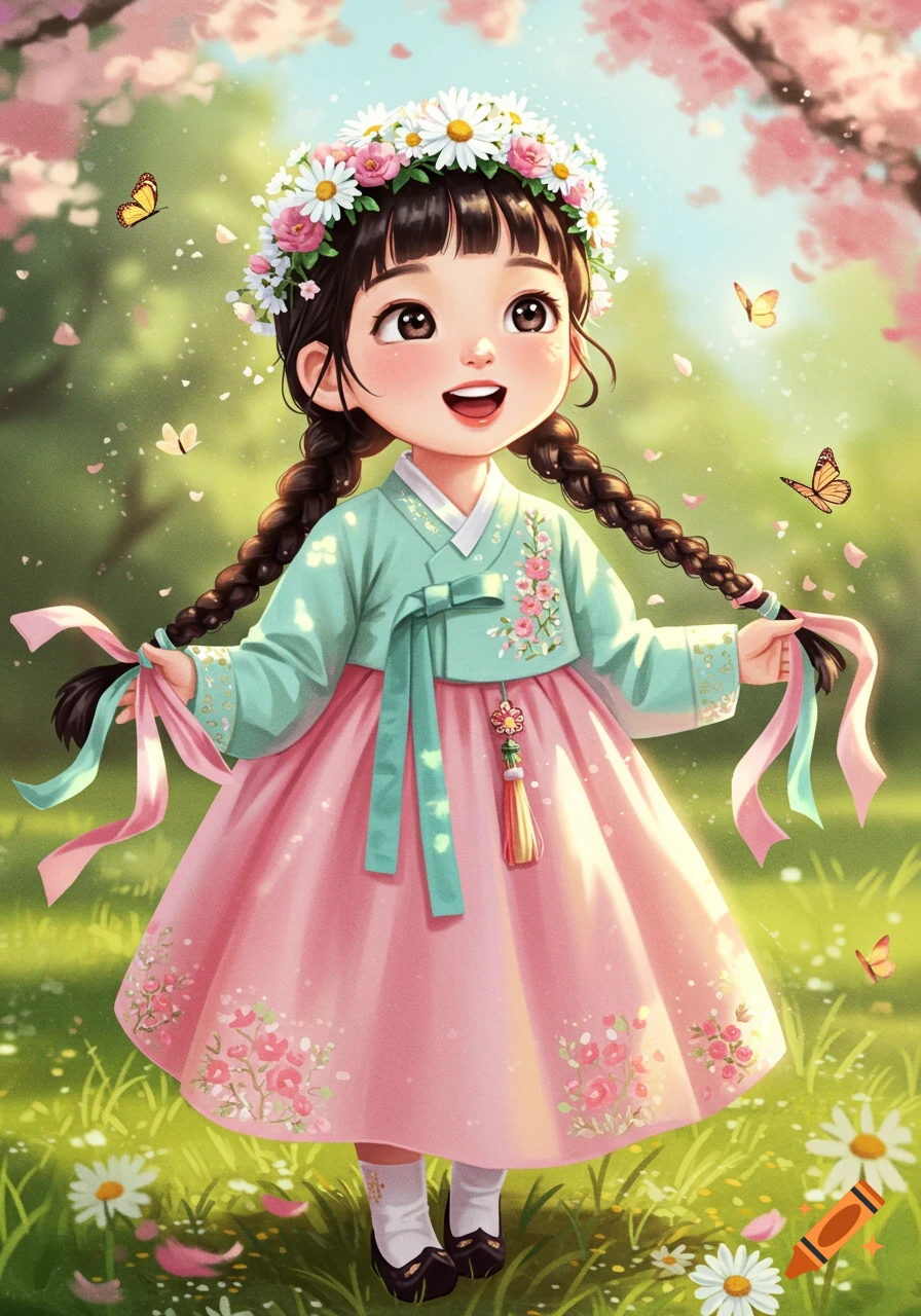 Cute cartoon Korean girl in a green hanbok and pink skirt, wearing a flower crown, smiling in a sunny field with butterflies.