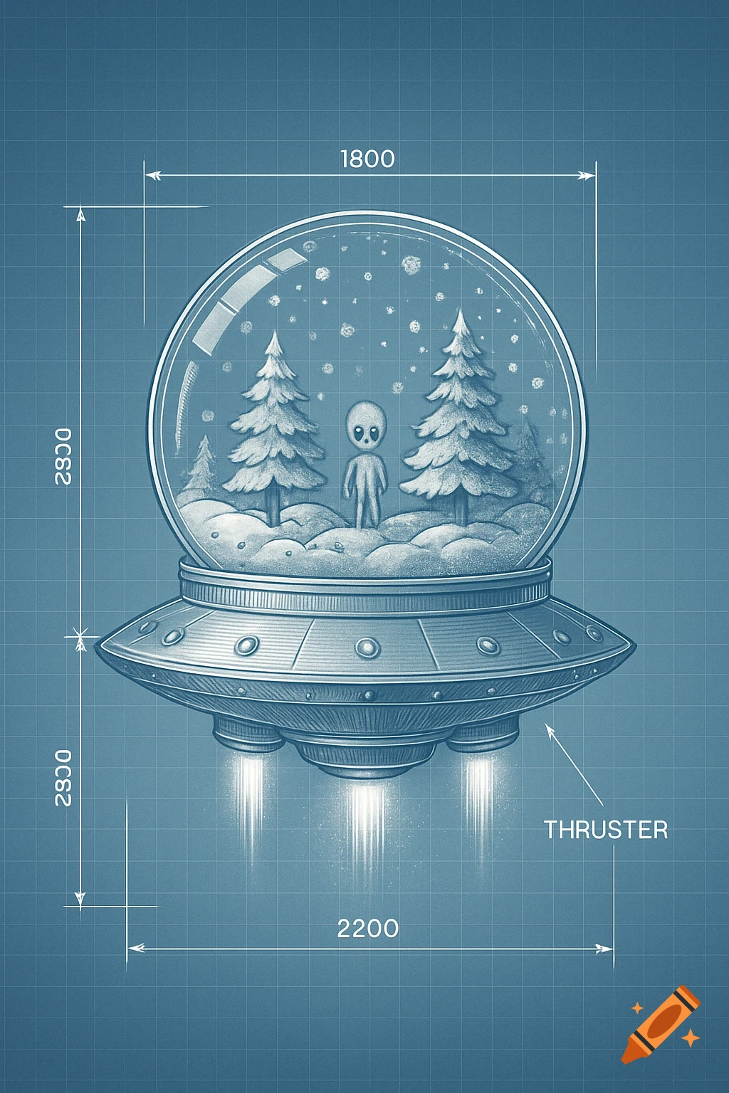 A blueprint illustration of a snowglobe-shaped UFO with an alien and Christmas trees inside, showing dimensions and a "THRUSTER" label.