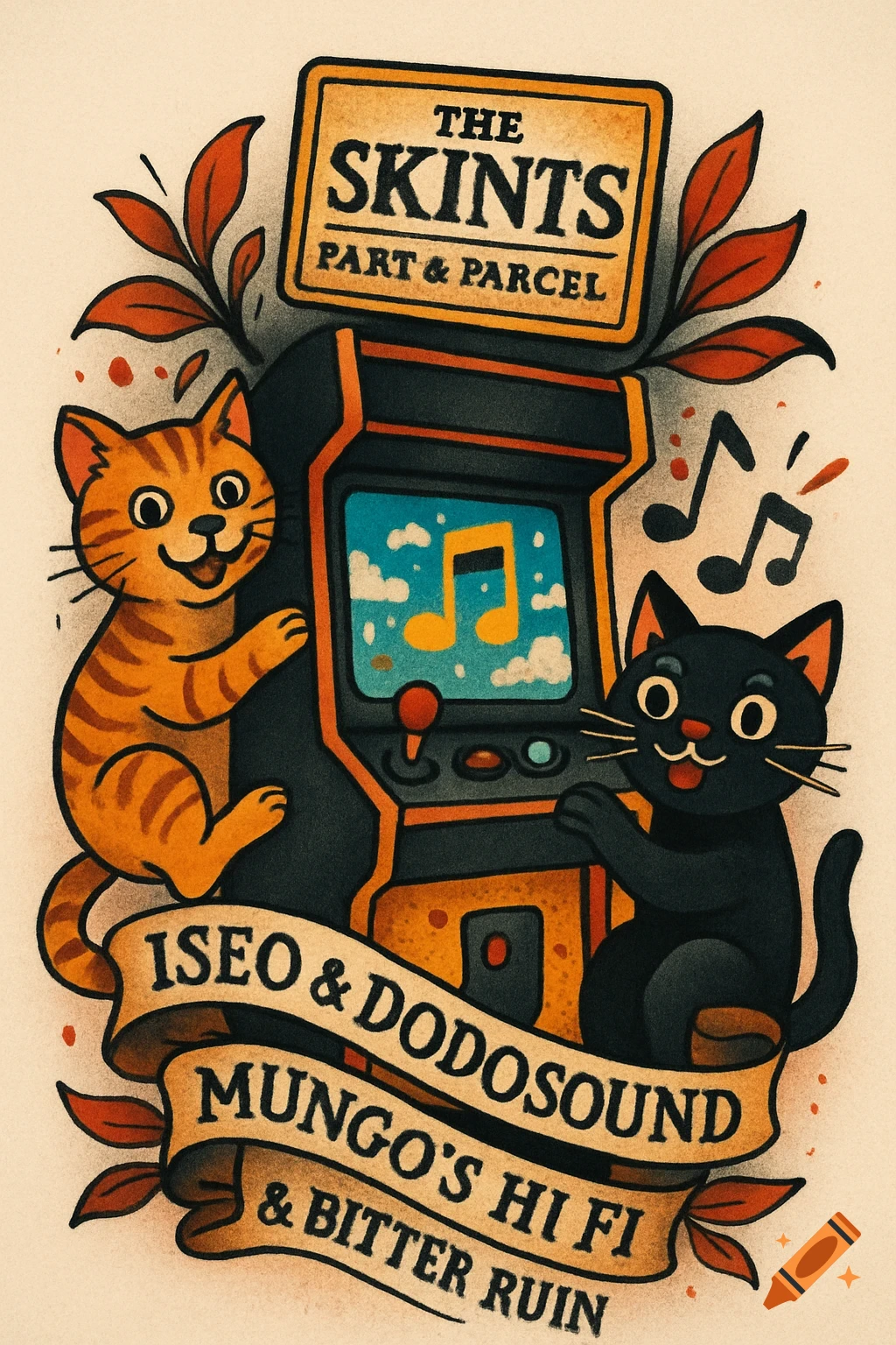 Illustrative tattoo art of an orange and black cat playing a retro arcade machine, with musical notes and banners of text.