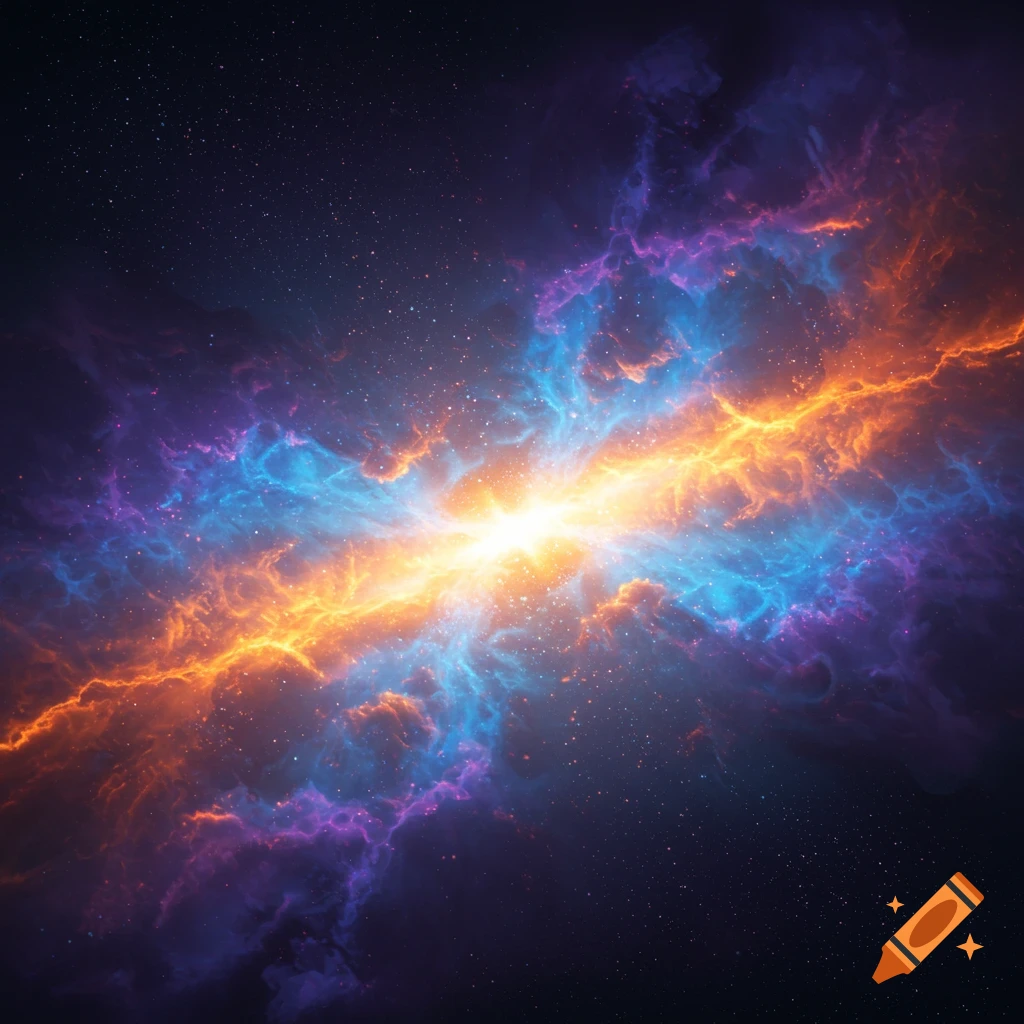 Vibrant cosmic nebula with glowing orange, blue, and purple gas clouds and scattered stars in deep space.