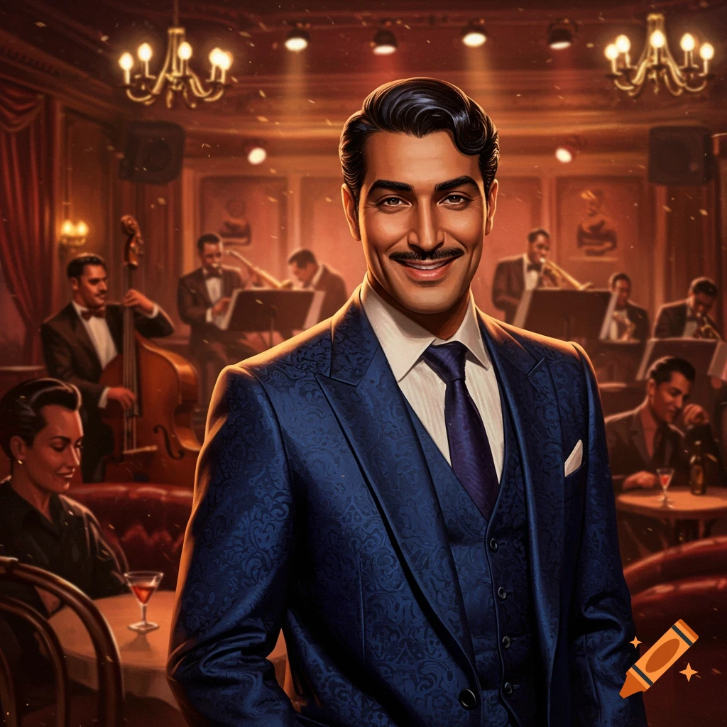 A dapper Middle Eastern man in a blue patterned suit smiles in a 1950s jazz club with musicians and patrons in the background.