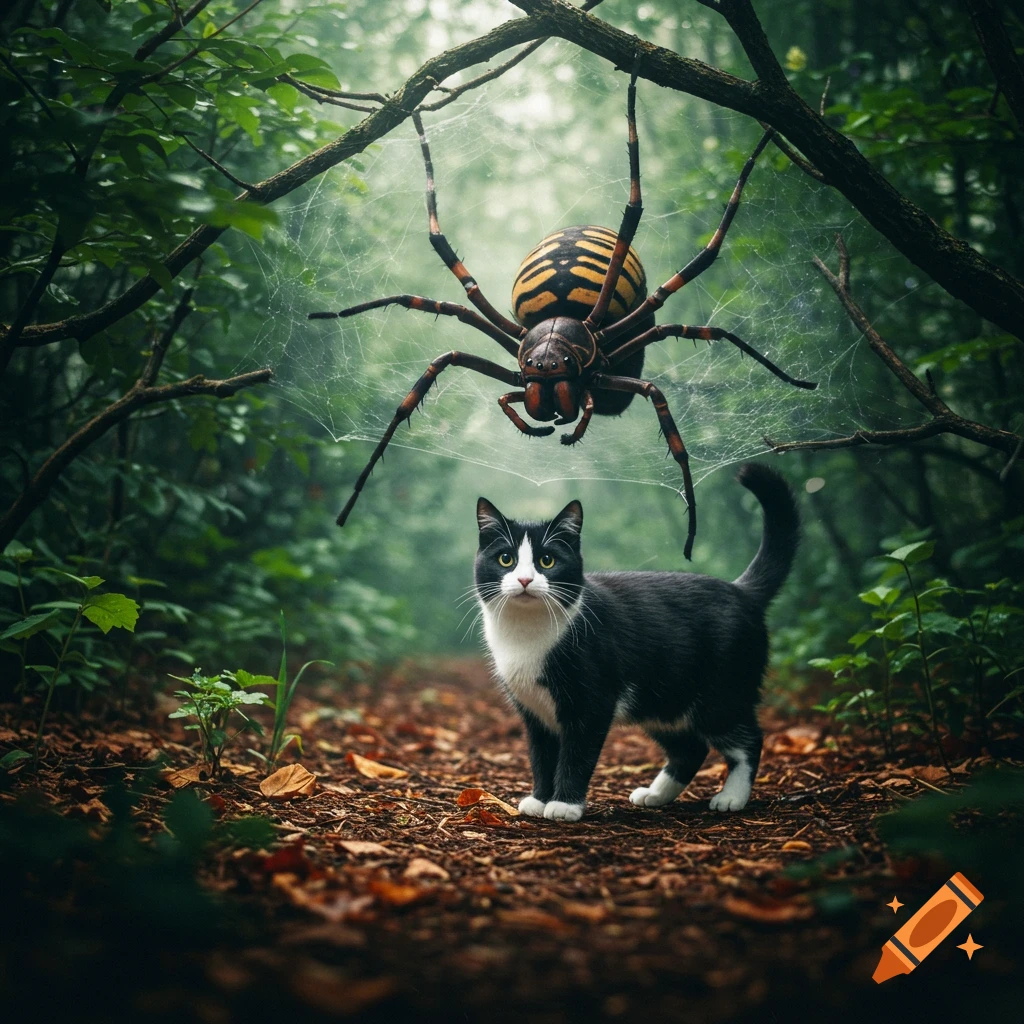 A black and white cat stands on a forest path below a large, striped hornet spider hanging in its web from a branch. Photorealistic.