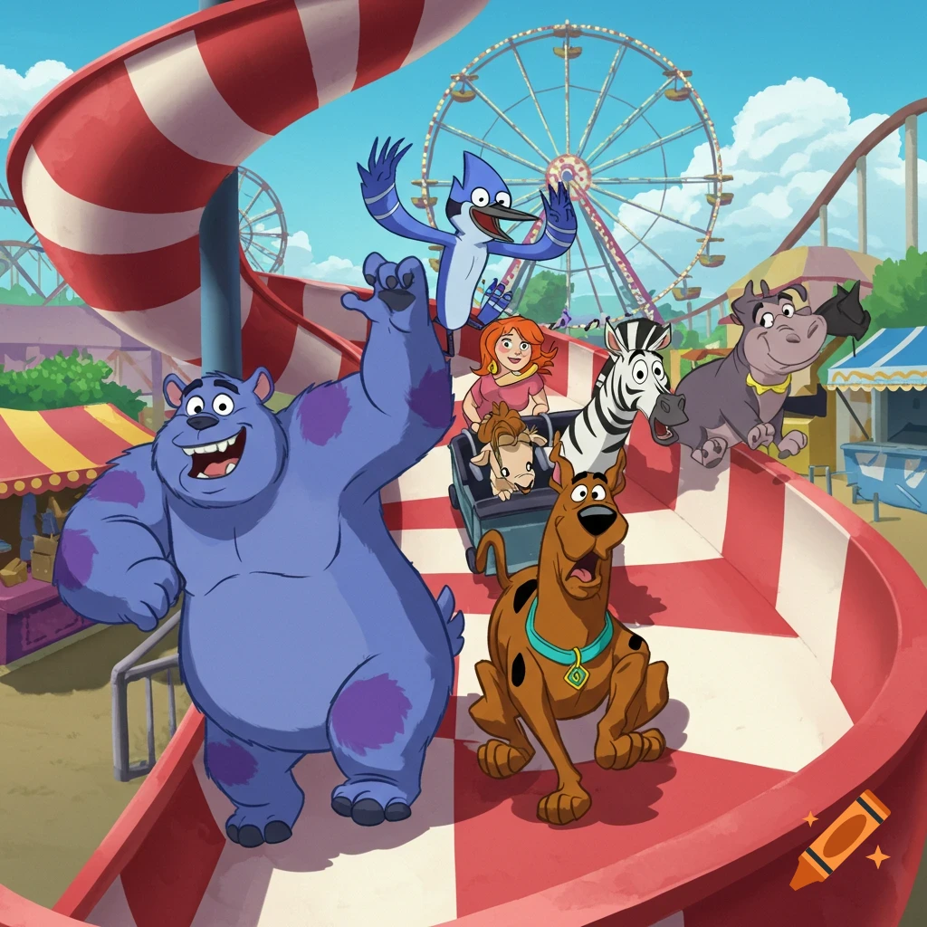 Cartoon characters Sully, Mordecai, Scooby Doo, a zebra, a hippo, and a girl on a red and white spiral slide at an amusement park.