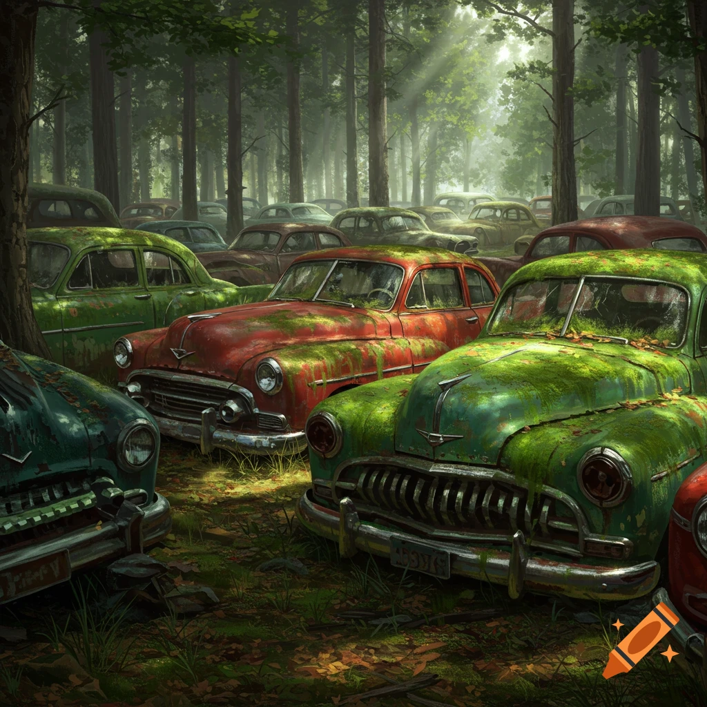 Abandoned vintage cars overgrown with moss in a sunlit, dense forest.