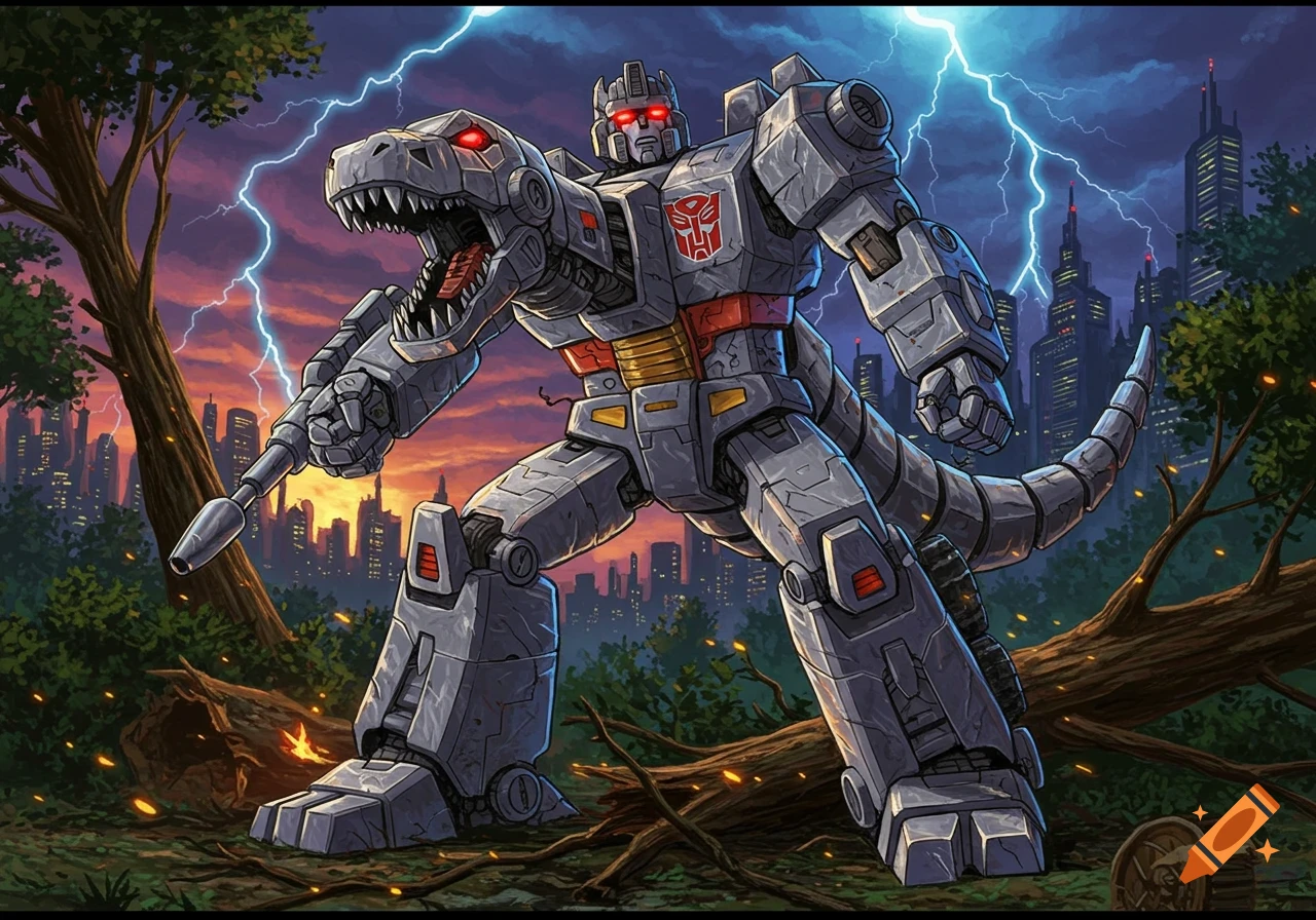 G1 Transformers Grimlock, a grey robot with a T-rex head arm, stands in a stormy jungle with a city skyline.