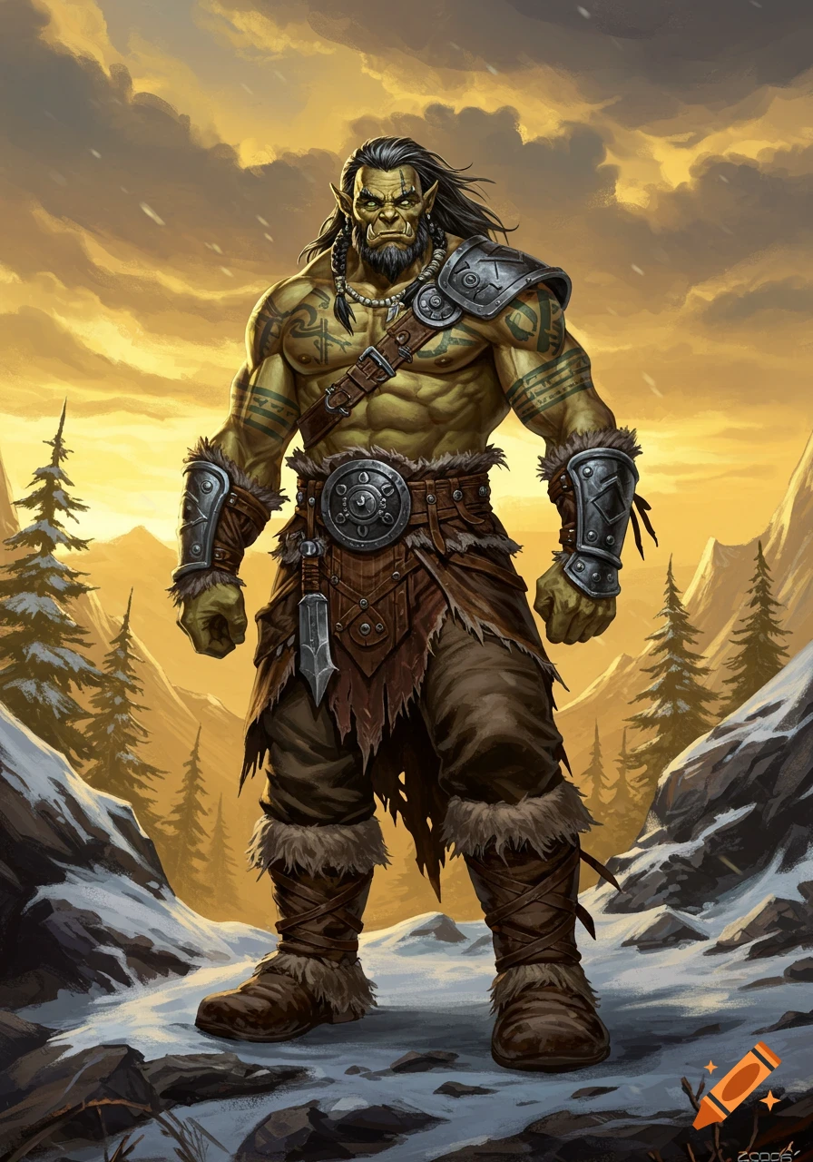 A muscular, green-skinned half-orc barbarian with tattoos and armor stands in a snowy mountain landscape at sunset.
